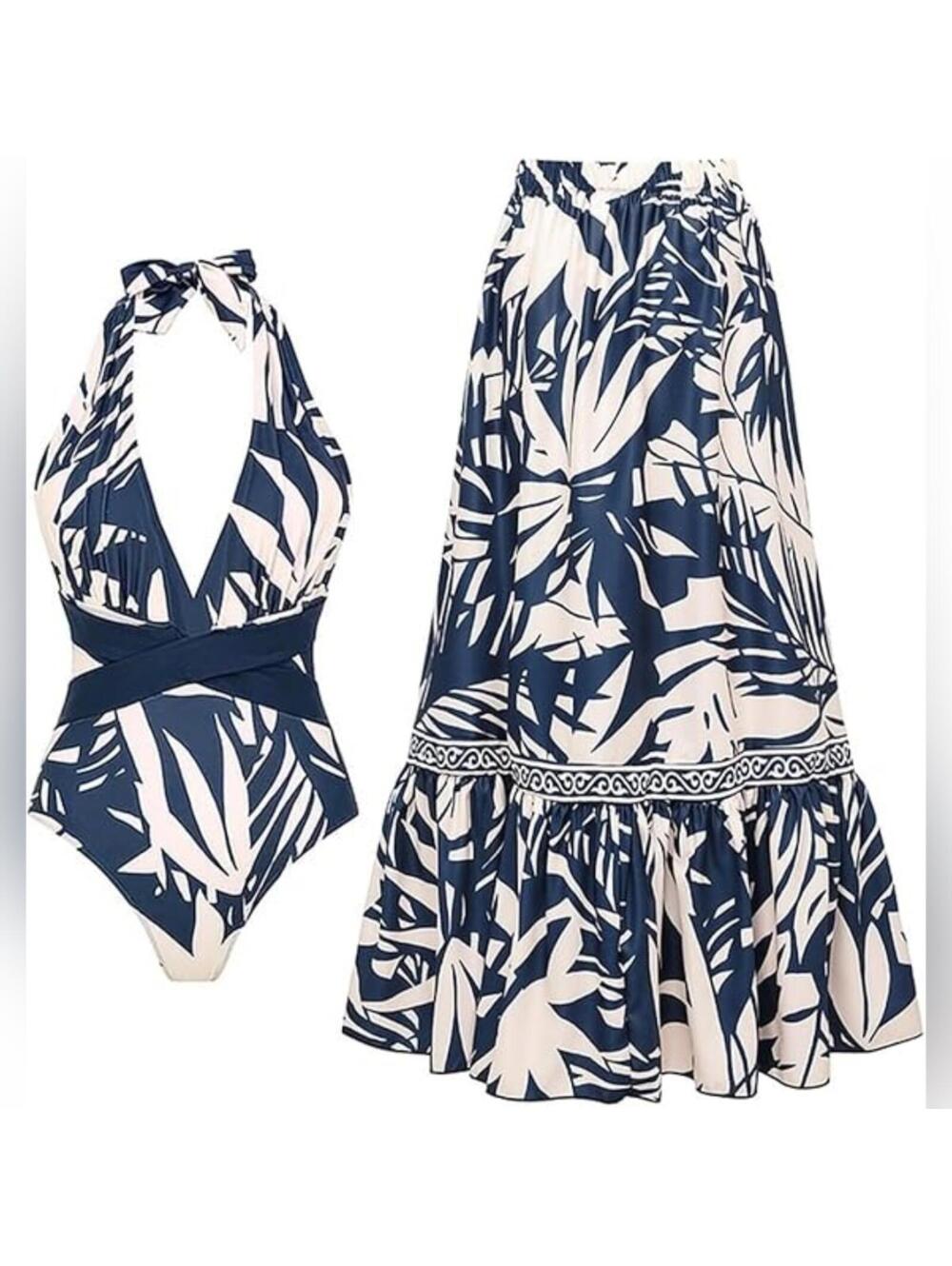 NWOT FLAXMAKER One Piece Halter Swimsuit and Matching Skirt, XL (16-18)
